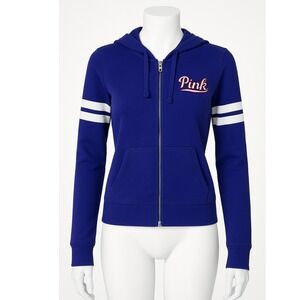 Victoria's Secret PINK Full Zip Hoodie‎ Women's Small Blue White Stripe Logo